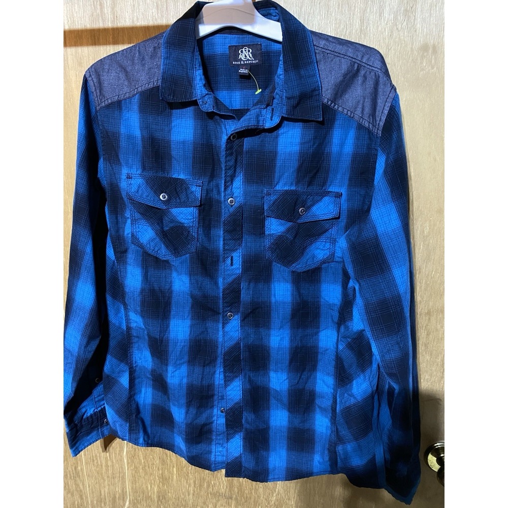 Rock & Republic Men Size Large Blue Plaid Cotton Blend Button-Up Shirt